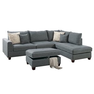 Trent Home Contemporary 3 Piece Fabric Sectional with Storage Ottoman in Gray