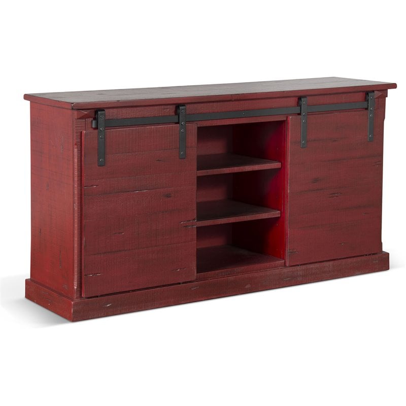 Sunny Designs 65" Barn Door Farmhouse Wood TV Console in Burnt Red