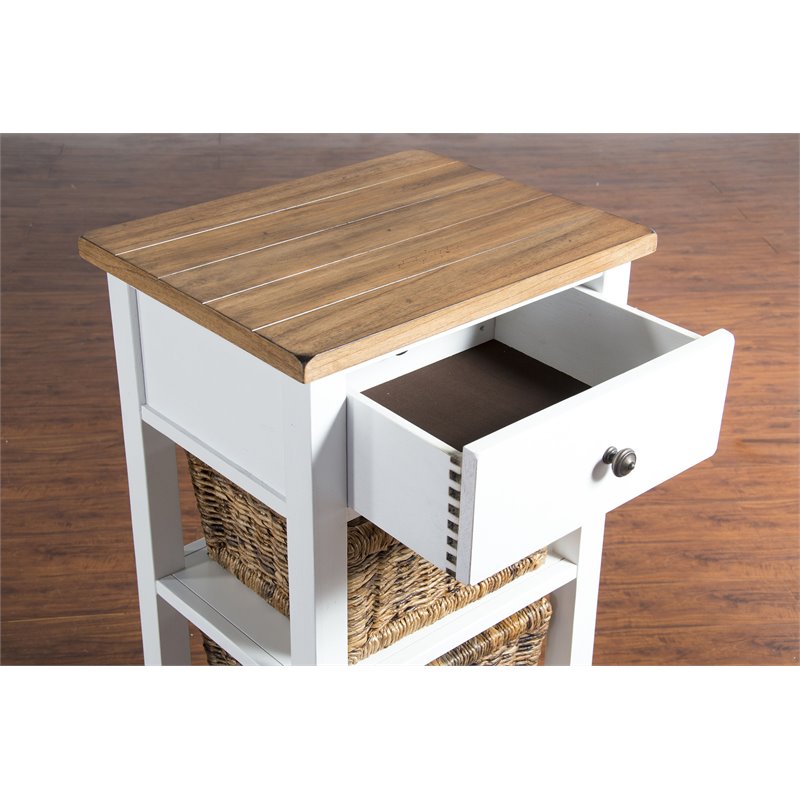 Sunny Designs Farmhouse Wood Storage Rack with Woven Baskets in White/Natural