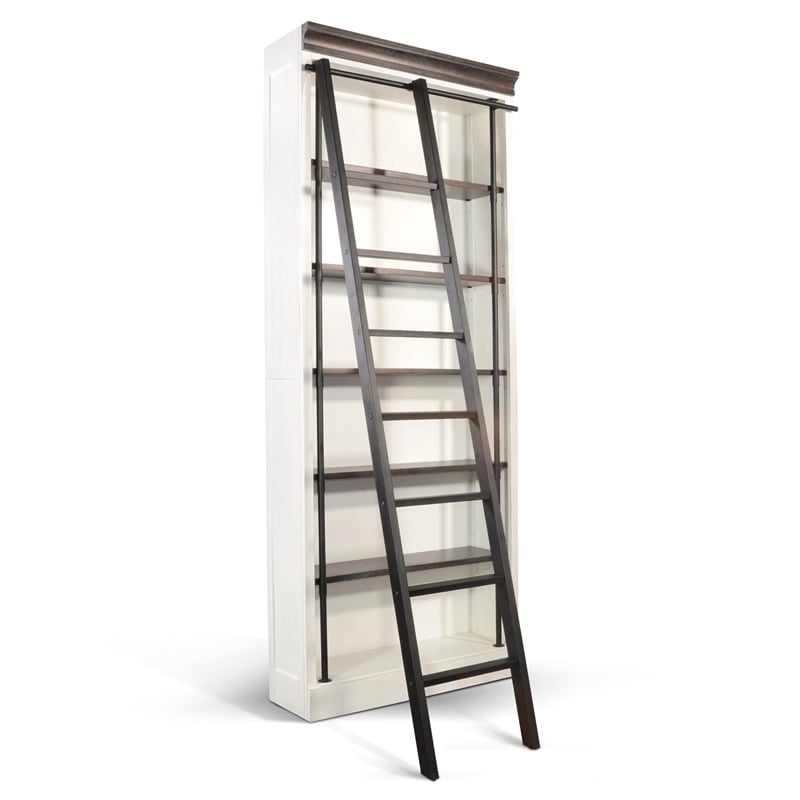 Sunny Designs Carriage House Wood and Metal Bookcase with Ladder in Off White