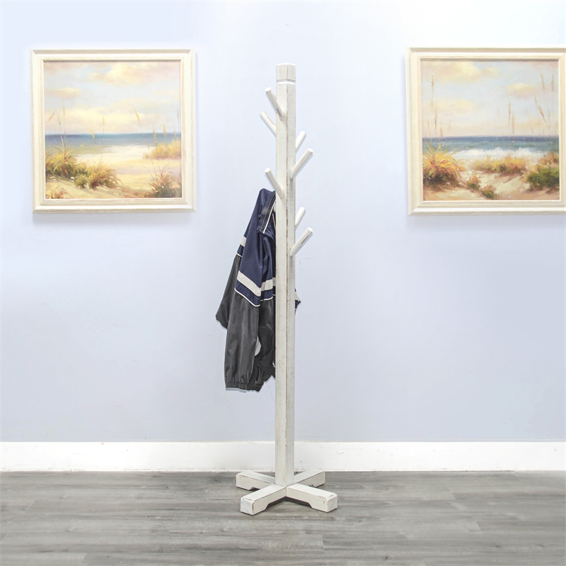 Sunny Designs Traditional Solid Wood Hat Rack with 8-Prong Hooks in White Sand