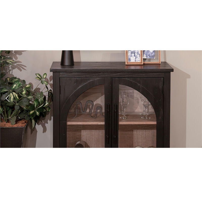Sunny Designs Elena Wood Cabinet with Arched Glass Doors in Oak Grove/Umbra