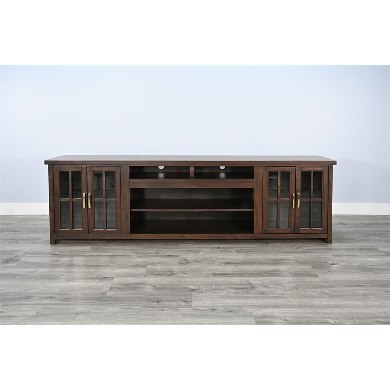 Sunny Designs 98-Inch Wide TV Stand with Glass Cabinet Doors and Open Shelving