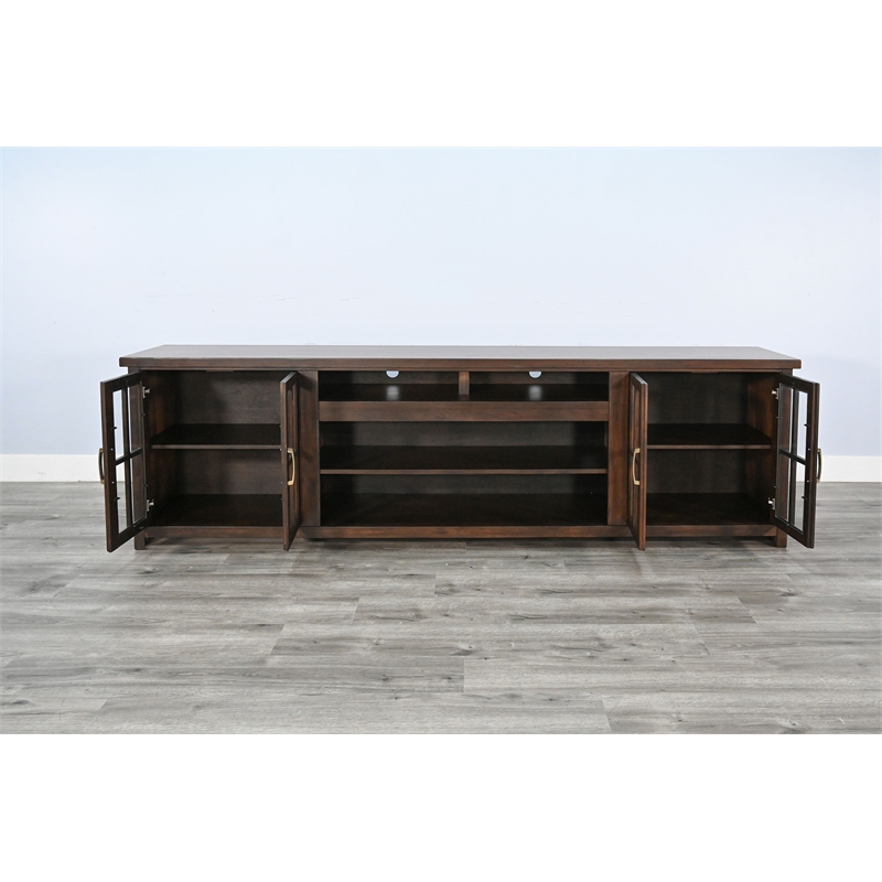 Sunny Designs 98-Inch Wide TV Stand with Glass Cabinet Doors and Open Shelving