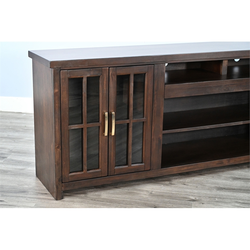Sunny Designs 98-Inch Wide TV Stand with Glass Cabinet Doors and Open Shelving