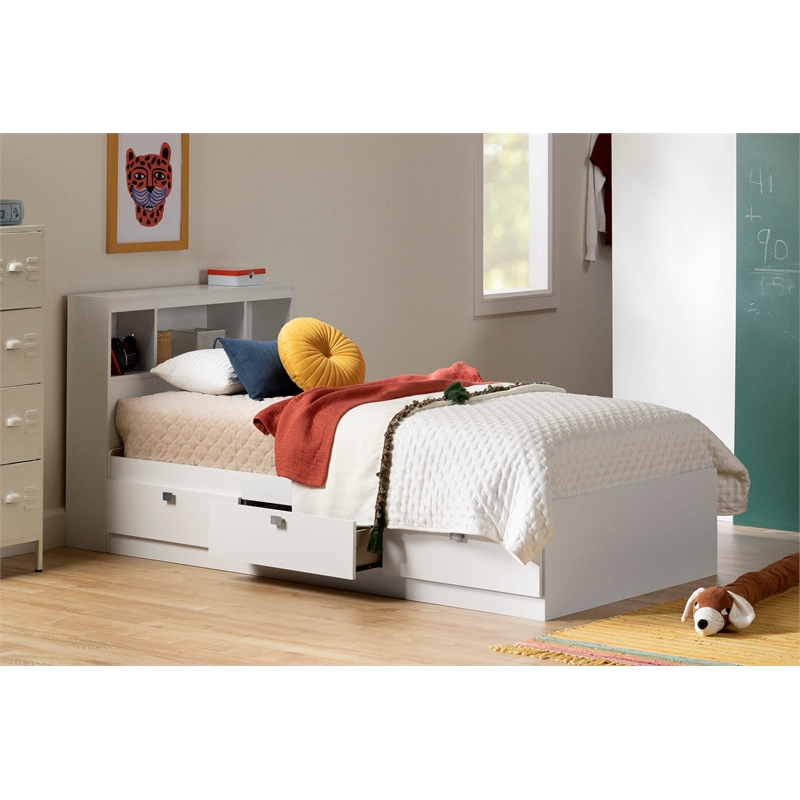 South Shore Spark Twin Storage Bed with Bookcase Headboard in Pure White