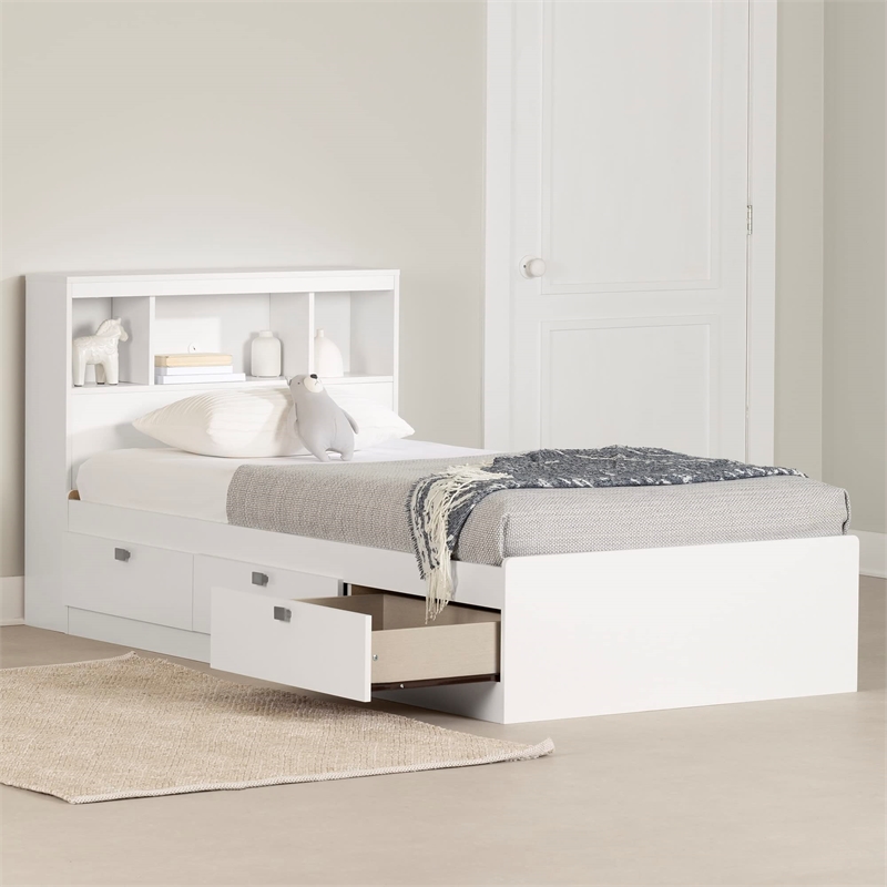 South Shore Spark Twin Storage Bed with Bookcase Headboard in Pure White