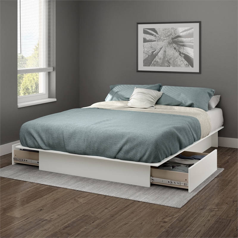 South Shore Gramercy Full Queen Platform Bed with Drawer in White
