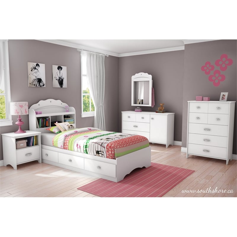 South Shore Tiara Wood Twin Bookcase Storage Bed in Pure White