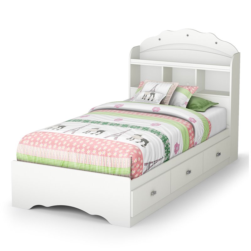 South S Tiara Twin Bookcase Storage, White Twin Trundle Bed With Bookcase Headboard