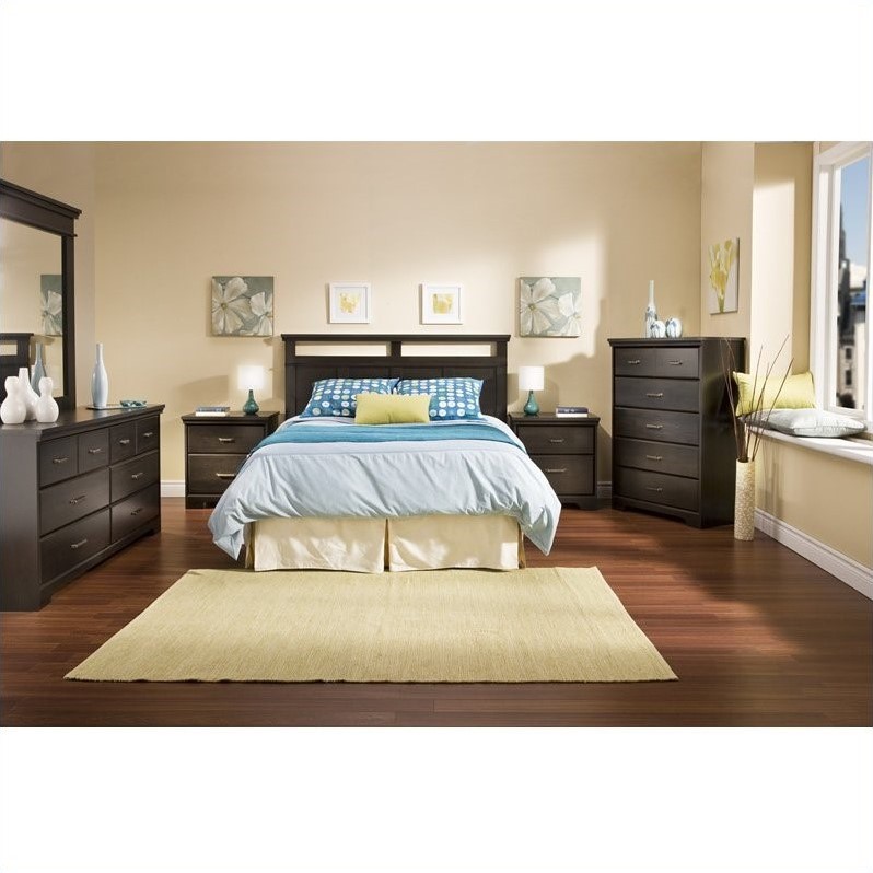 South Shore Versa Wood Panel Headboard 4 Piece Bedroom Set in Black