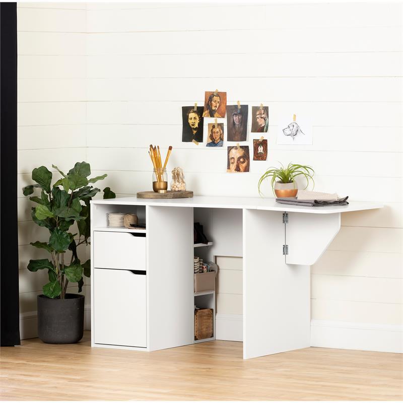 South Shore Modern Metal Crea Sewing Craft Table on Wheels in Pure White