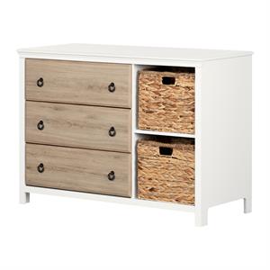 cotton candy 3-drawer dresser with baskets-pure white and rustic oak-south shore