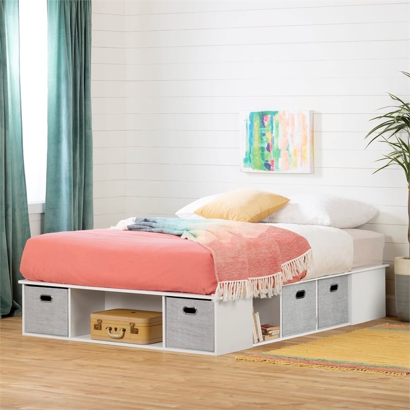 South Shore Flexible Engineered Wood Bed with Storage and Baskets in Pure White