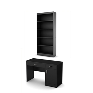 South Shore Axess Small Desk With Drawers and 5-Shelf Bookcase Set in Pure Black
