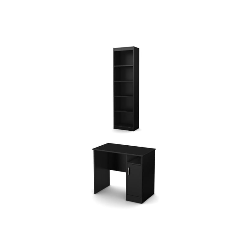 South Shore Axess Small Desk and 5-Shelf Narrow Bookcase Set in Pure Black
