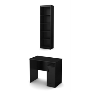 South Shore Axess Small Desk and 5-Shelf Narrow Bookcase Set in Pure Black