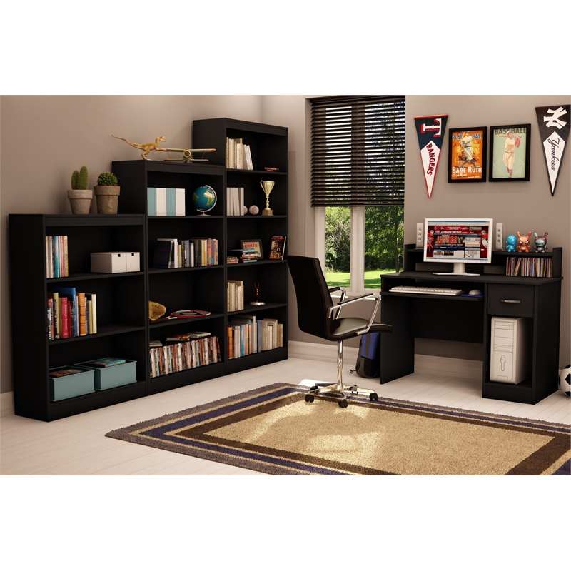 South Shore Axess Small Desk and 5-Shelf Bookcase Set in Pure Black