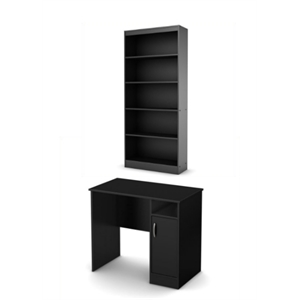 South Shore Axess Small Desk and 5-Shelf Bookcase Set in Pure Black