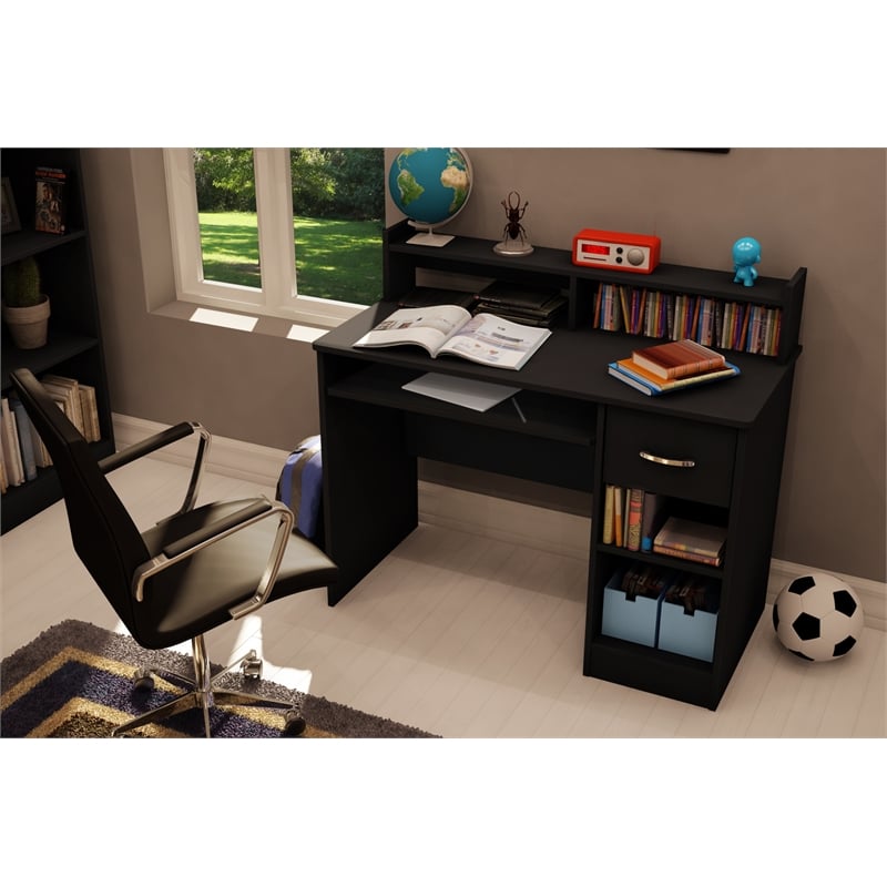 South Shore Axess Desk With Keyboard Tray and 5-Shelf Narrow Bookcase Set Black