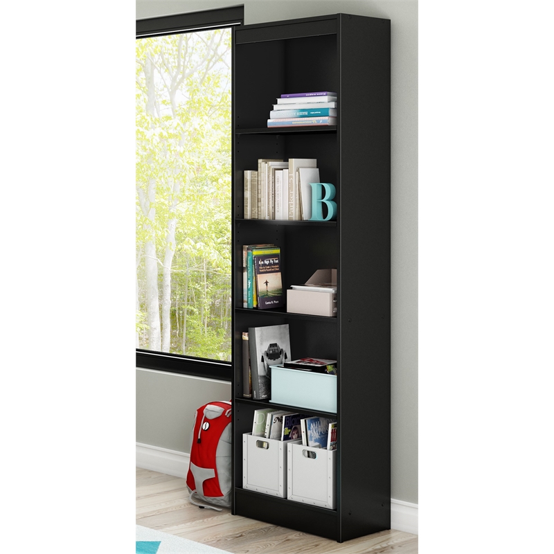 South Shore Axess Desk With Keyboard Tray and 5-Shelf Narrow Bookcase Set Black