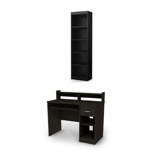 South Shore Axess Desk With Keyboard Tray and 5-Shelf Narrow Bookcase Set Black