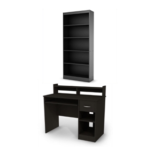 South Shore Axess Desk With Keyboard Tray and 5-Shelf Bookcase Set in Pure Black