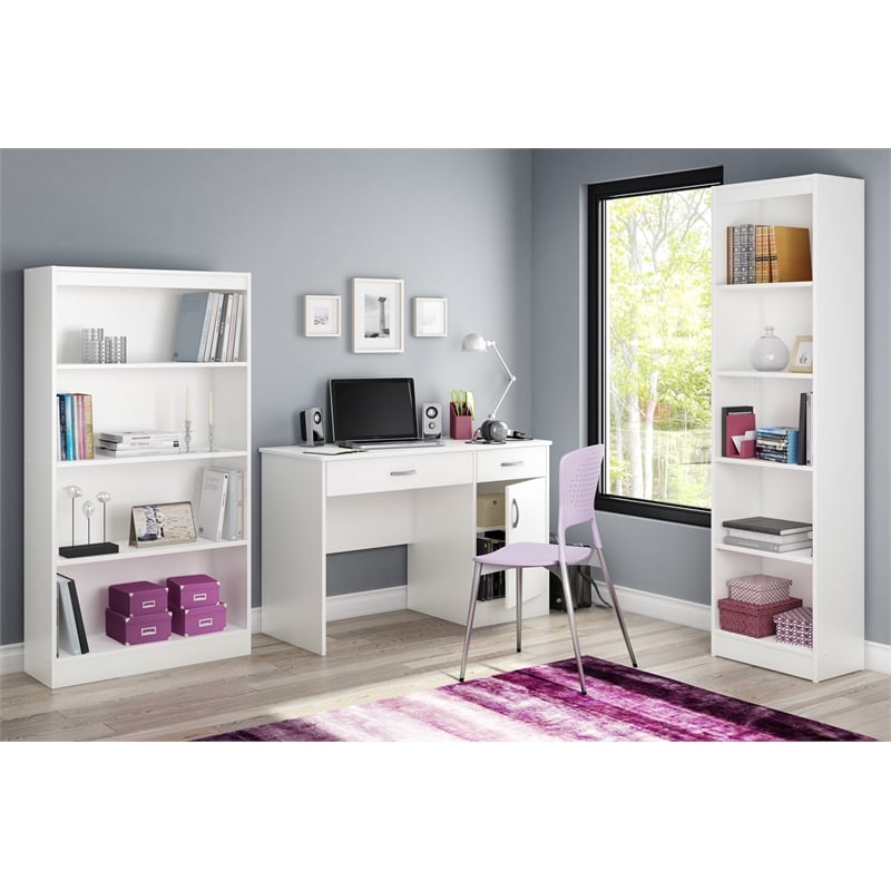South Shore Axess Small Desk with Drawers and 5-Shelf Bookcase Set in Pure White