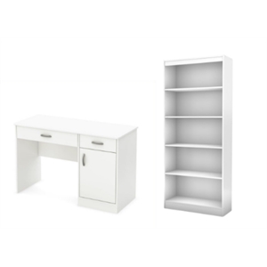 South Shore Axess Small Desk with Drawers and 5-Shelf Bookcase Set in Pure White