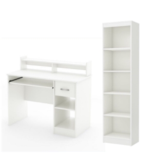 south shore axess white desk with keyboard tray and 5-shelf narrow bookcase set