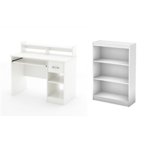South Shore Axess Desk with Keyboard Tray and 3-Shelf Bookcase Set in Pure White