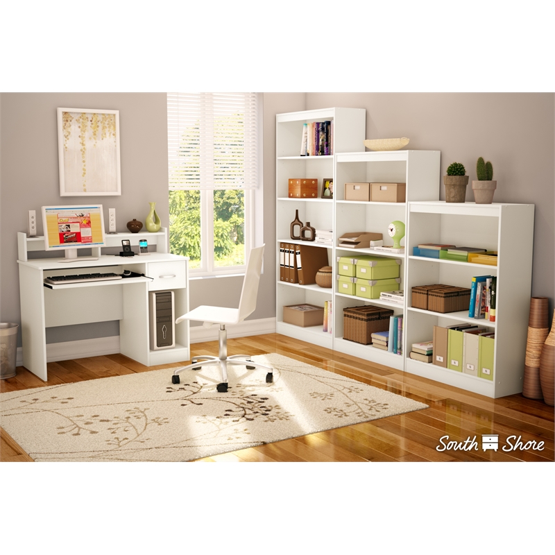 South Shore Axess Desk With Keyboard Tray and 5-Shelf Bookcase Set in Pure White