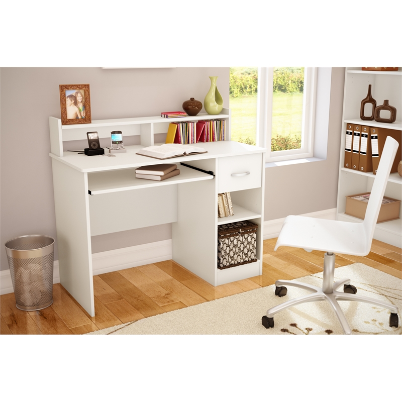 South Shore Axess Desk With Keyboard Tray and 5-Shelf Bookcase Set in Pure White