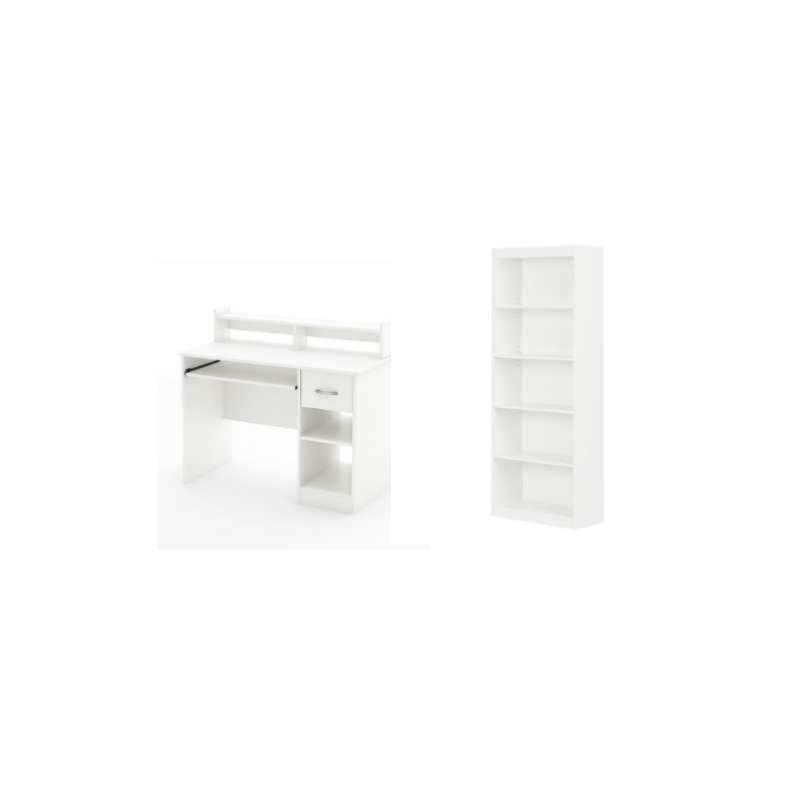 South Shore Axess Desk With Keyboard Tray and 5-Shelf Bookcase Set in Pure White