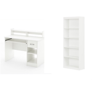 South Shore Axess Desk With Keyboard Tray and 5-Shelf Bookcase Set in Pure White