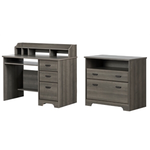 South Shore Versa Desk with Hutch and 2-Drawer File Cabinet Set in Gray Maple