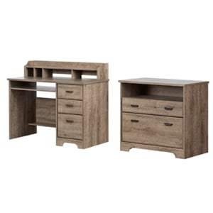 South Shore Versa Desk with Hutch and 2-Drawer File Cabinet Set in Weathered Oak