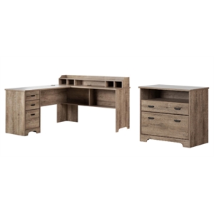 south shore versa l-shaped desk and 2-drawer file cabinet set in weathered oak