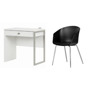 south shore interface pure white desk and 1 flam black & chrome chair set