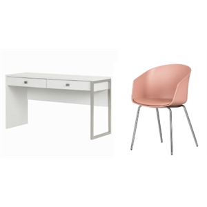 south shore interface white 2-drawer desk & 1 flam pink and chrome chair set