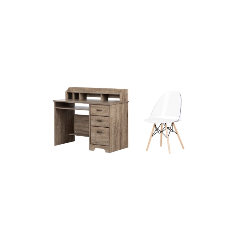 South Shore Versa Weathered Oak Desk and 1 Annexe White Eiffel Style Chair Set