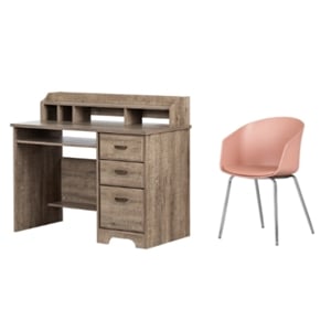 south shore versa weathered oak desk and 1 flam pink and chrome chair set