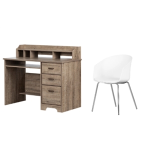south shore versa weathered oak desk and 1 flam white and chrome chair set