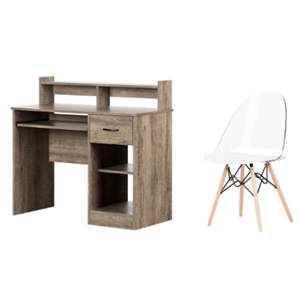 South Shore Axess Weathered Oak Desk with Tray & 1 Annexe White Eiffel Chair Set