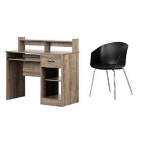 southshore axess weathered oak desk with tray & 1 flam black andchrome chair set