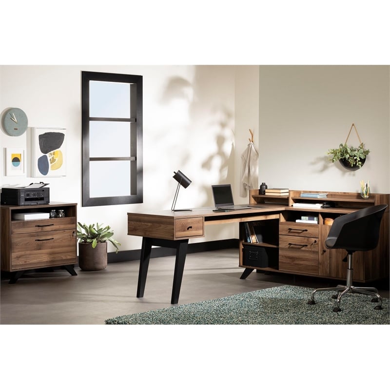 Helsy L-Shaped Desk with Power Bar Natural Walnut South Shore