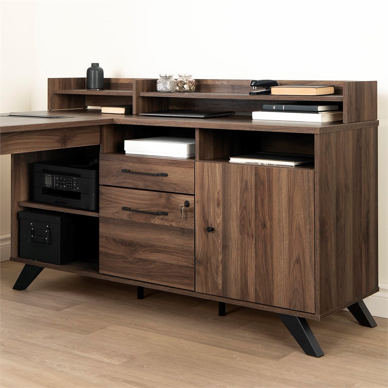 Helsy L-Shaped Desk with Power Bar Natural Walnut South Shore