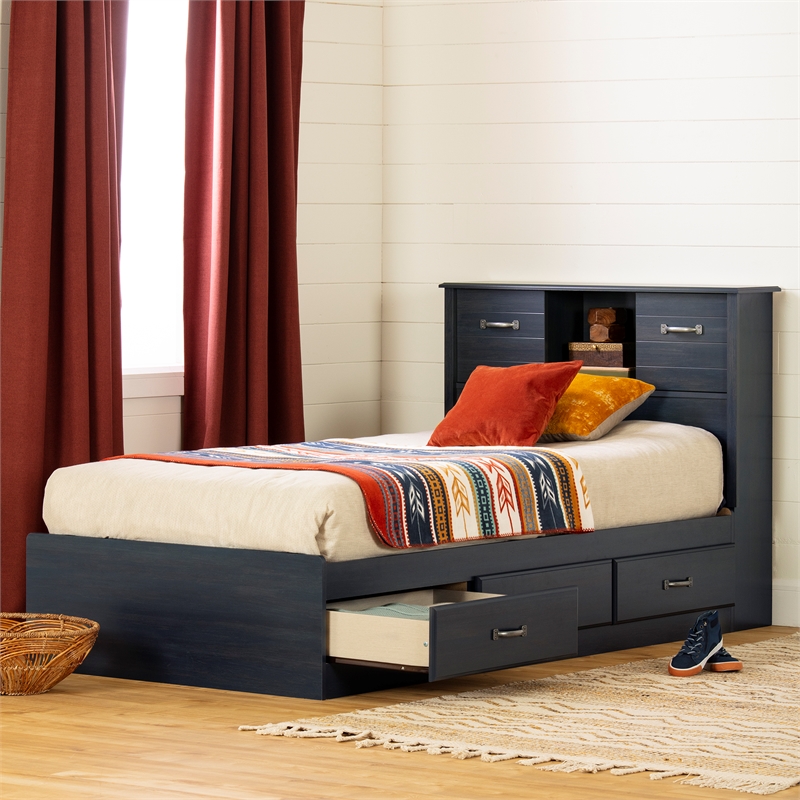 Storage Bed and Bookcase Headboard Set Blue Ulysses South Shore