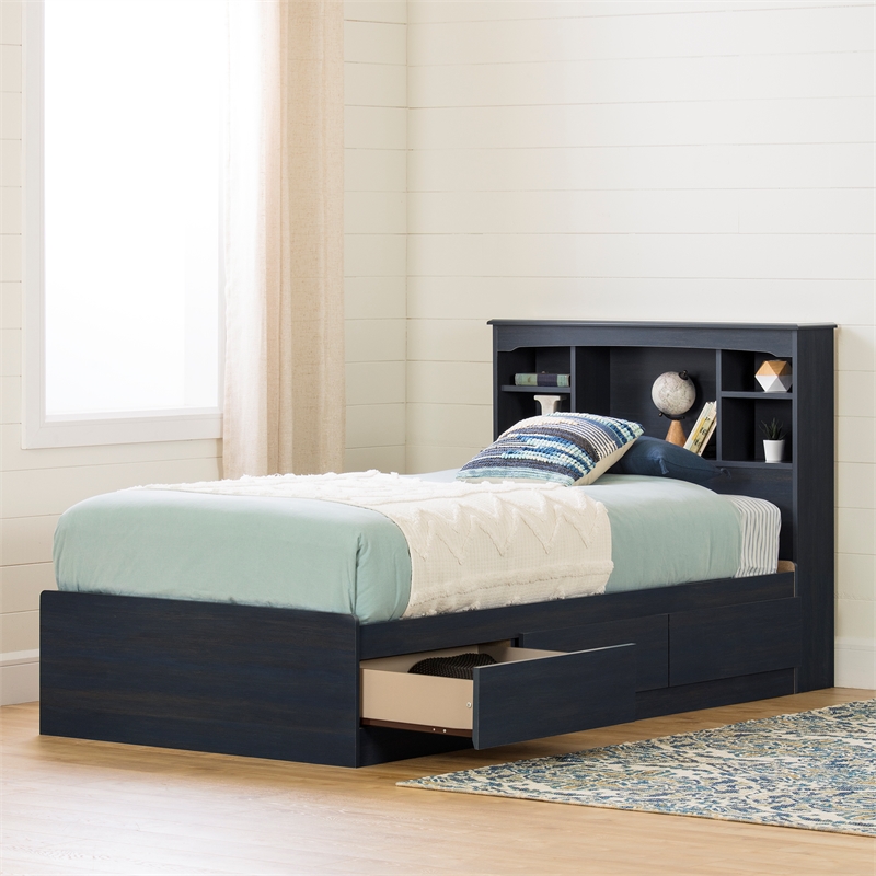South Shore Aviron Mates Bed and Bookcase Headboard Set Twin Blueberry