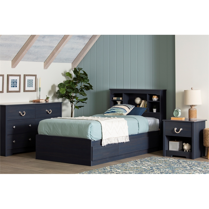 South Shore Aviron Mates Bed and Bookcase Headboard Set Twin Blueberry